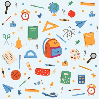 Dağınık okul gereçleri ya da beyaz arka planda eğitim için kırtasiye malzemesi ile renksiz desen