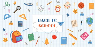 Okul öğeleri ve öğeleri ile okul kavramına geri dönelim. vektör afiş tasarımı