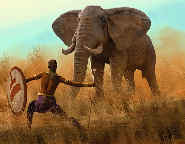 Ung Afrikansk Stammekriger Holder Dyreskind Skjold Spyd Står Kæmpe Elefant Royaltyfrie stock-fotos