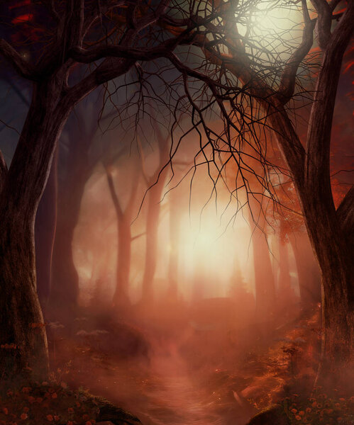 Beautiful enchanting foot path through a fairy tale misty Autumn woodland, 3d render.