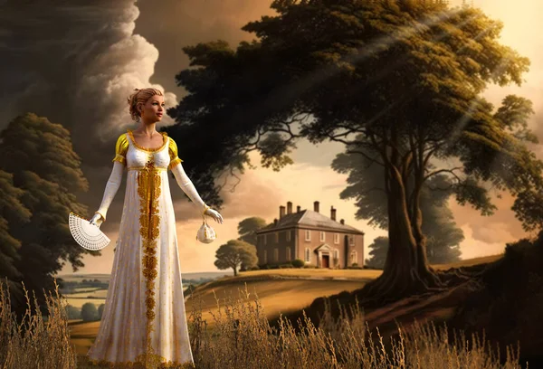 Jane Austen Stijl Vrouw Slentert Door Een Regentschap Tijdperk Engels — Stockfoto