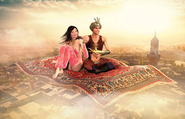 Tag Magisk Tur Med Aladdin Hans Smukke Prinsesse Fortryllet Flyvende Stock-billede