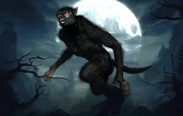 Fantazie Hladový Vlkodlak Vykreslení Měsíčním Lesem Pozadí — Stock fotografie