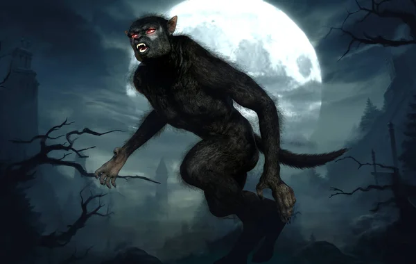 Fantasía Hambre Hombre Lobo Con Fondo Bosque Iluminado Por Luna Imagen de stock