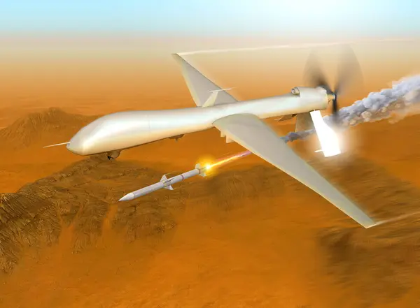 Dron Militar Largo Alcance Alta Tecnología Lanza Cohete Sobre Desierto Imágenes de stock libres de derechos
