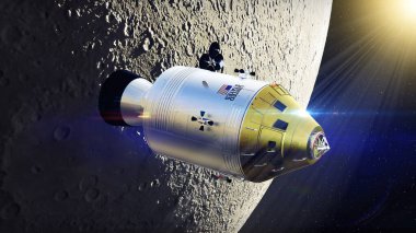 Ay 'ın yörüngesinde dönen Nasa Apollo komuta ve servis modülü uzay aracı, 3D.
