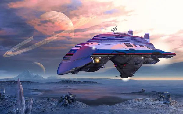 Gigantesco Crucero Galáctico Flotando Sobre Planeta Alienígena Render Fotos de stock