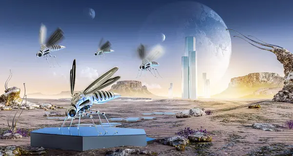 Amplio Paisaje Surrealista Alienígena Mundo Tecno Con Mosquitos Robóticos Alta Fotos De Stock Sin Royalties Gratis
