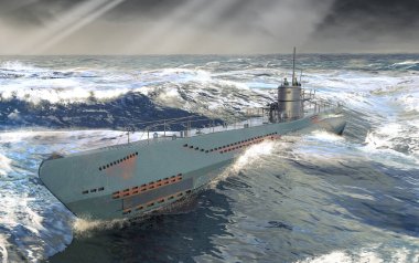 İkinci Dünya Savaşı Alman U-Boot Atlantik 'in dalgalı denizlerinde, 3D.
