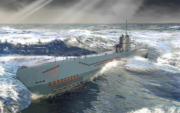 İkinci Dünya Savaşı Alman U-Boot Atlantik 'in dalgalı denizlerinde, 3D.