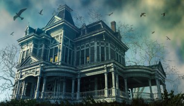 A haunting old Victorian house from a low angle, 3d render. clipart