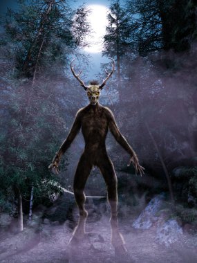 The mythological creature or evil spirit Wendigo originating from Algonquian folklore at night in a forest, 3d render. clipart