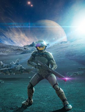 Futuristic soldier with a laser rifle standing on an alien planet ready for action, 3d render. clipart