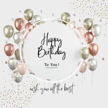 Altın balonlu, beyaz ve gri balonlu doğum günü kartı.