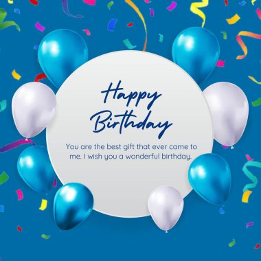 happy birthday greeting card, blue birthday design, blue and white balloons, blue and white birthday card design and best wishing. clipart