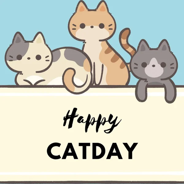 Tarjeta Dibujos Animados Felinos Felices Feliz Día Del Gato Día —  Fotos de Stock