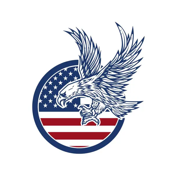eagle with eagle logo, and american flag in background.