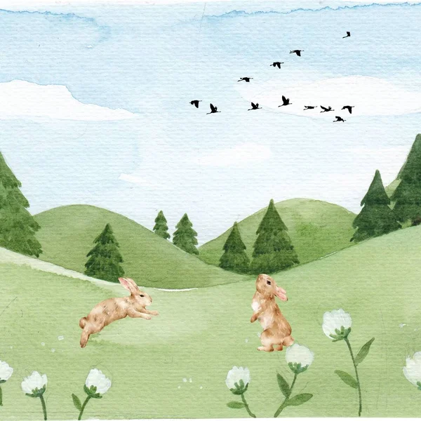 watercolor dog with a dog. rabbits jumping and green  mountains illustration.