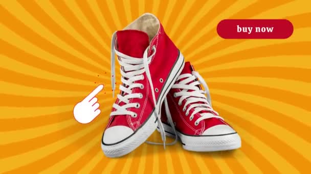 黄色とオレンジ色の背景を持つ赤い靴 靴の広告 今すぐ購入する — ストック動画