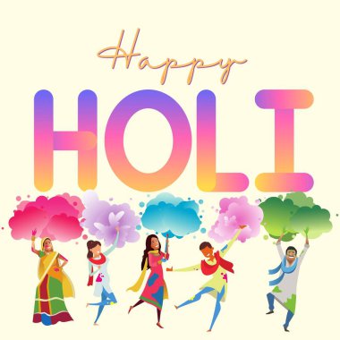 Colorful explosion for Holi festival poster banner creative. Colorful gulal pichakaree and text happy Holi.  clipart