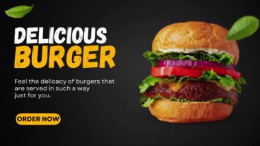 Siyah arkaplan üzerine hamburger reklamı, lezzetli burger, sipariş, 4K, şablon, burger, sarı ve siyah tasarım..