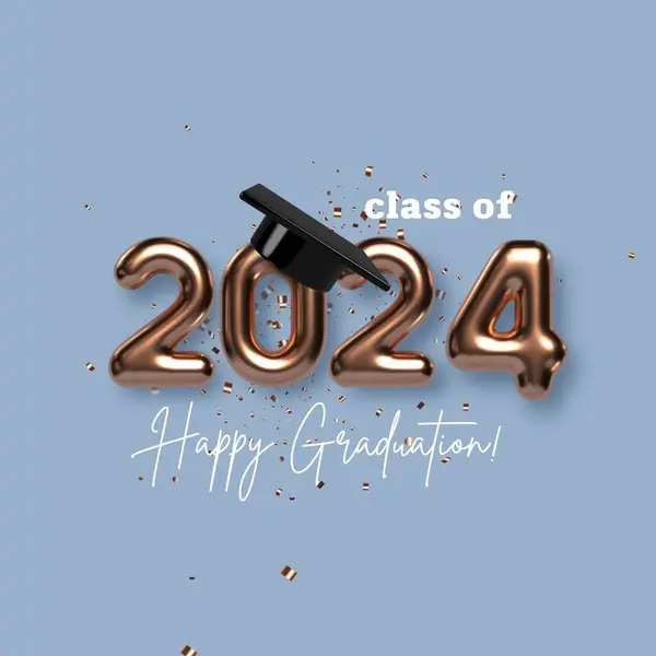 Congratulations on your graduation from school. Class of 2023. Graduation cap, confetti and balloons. Congratulatory banner. Academy of Education School of Learning, balloons 2024 with black graduation
