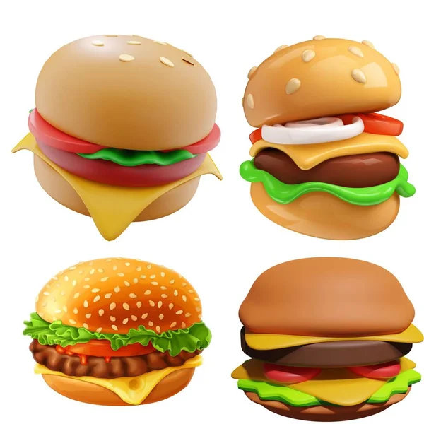 4 burgers, 3d illustration of burger with delicious ingredients and splash of sauce, isolated. Delicious hamburger, unusual design isolated on white background. Floating cheese burger banner.