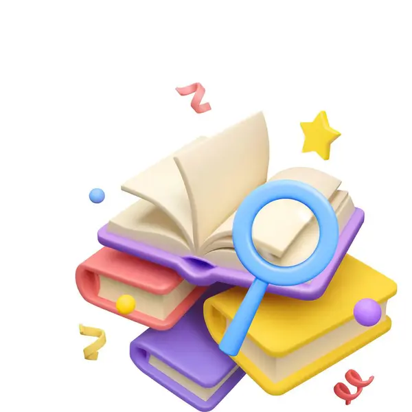 book icon. magnifying glass with books on the background of books.