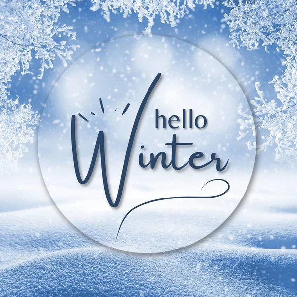 Hello winter text. Brush lettering at blue winter background with snowflakes and bokeh lights. Vector card design with custom calligraphy