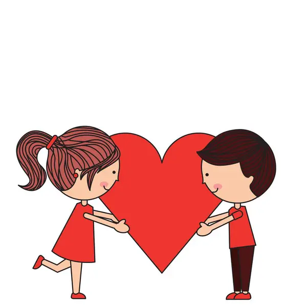 Cartoon boy and girl have heart between them, red heart, happy valentines day.