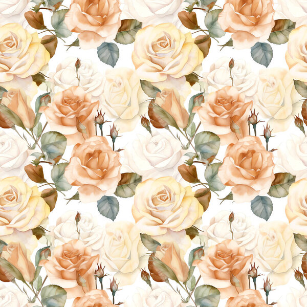 Roses -Seamless Watercolor Pattern Flowers - perfect for wrappers, wallpapers, wedding invitations, romantic events. Floral Print, Seamless Design, 300 dpi , 4096x4096 High Resolution
