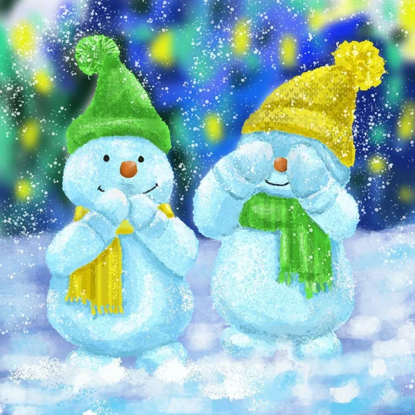 Children Illustration Pair Cute Snowmen Gift New Year Christmas — Stock Photo, Image