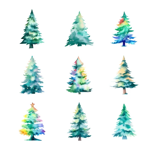 Watercolor Christmas Tree Set Isolated White Background Vector Illustration — Stock Vector