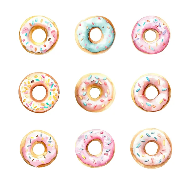 Aquarell Donuts Auf Weißem Hintergrund Handgezeichnete Illustration — Stockvektor