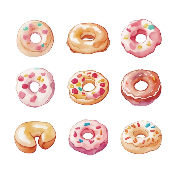 Set Von Bunten Donuts Isoliert Auf Weißem Hintergrund Aquarellillustration — Stockvektor
