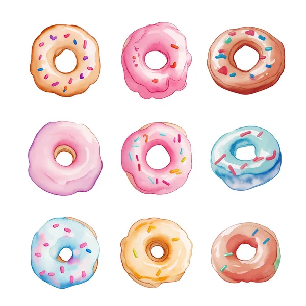 Set Von Bunten Donuts Isoliert Auf Weißem Hintergrund Aquarellillustration — Stockvektor