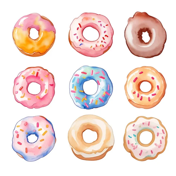 Set Colorful Donuts Isolated White Background Watercolor Illustration — Stock Vector
