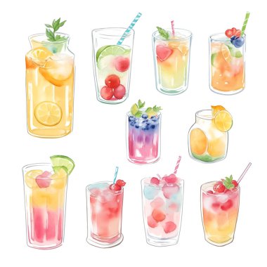 Kokteyl koleksiyonu. Beyaz arkaplanda izole edilmiş suluboya el çizimi