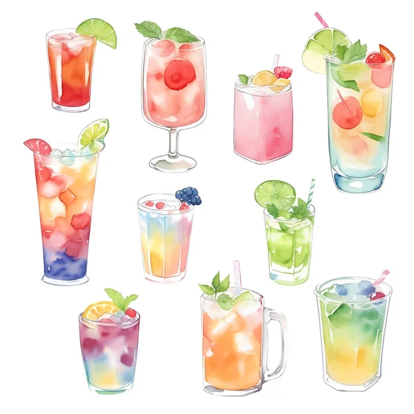 Cocktails Collection Watercolor Hand Drawn Illustration Isolated White Background — Stock Vector
