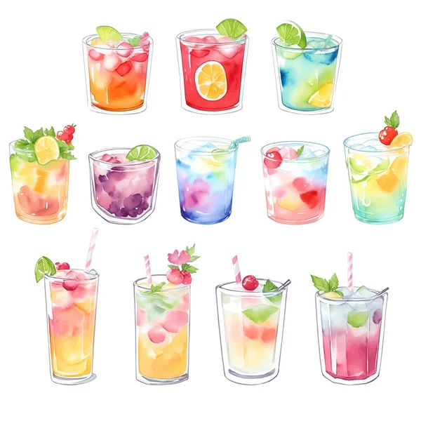 Cocktails Collection Watercolor Hand Drawn Illustration Isolated White Background — Stock Vector