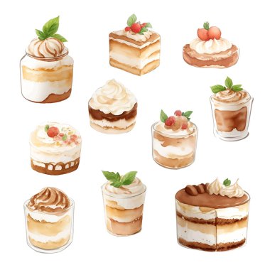 Pasta tiramisu koleksiyonu beyaz arkaplanda izole edildi. Suluboya el çizimi çizimi.