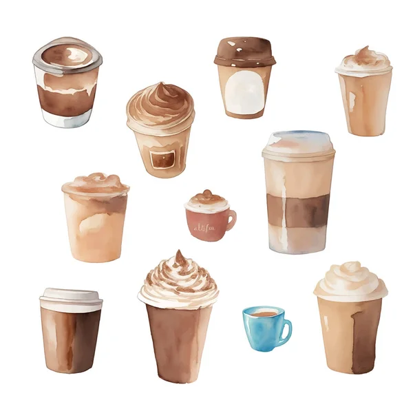 Kafe Set Ručně Kreslené Akvarel Ilustrace Izolované Bílém Pozadí — Stockový vektor