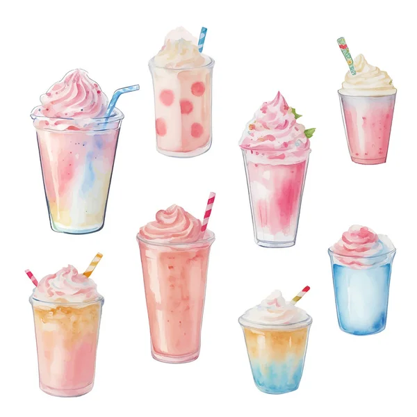 Illustration Aquarelle Dessinée Main Milkshakes Isolé Sur Fond Blanc — Image vectorielle