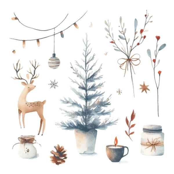 Akvarell Jul Och Nyår Set Med Träd Snöflingor Rådjur Ljusstake — Stock vektor