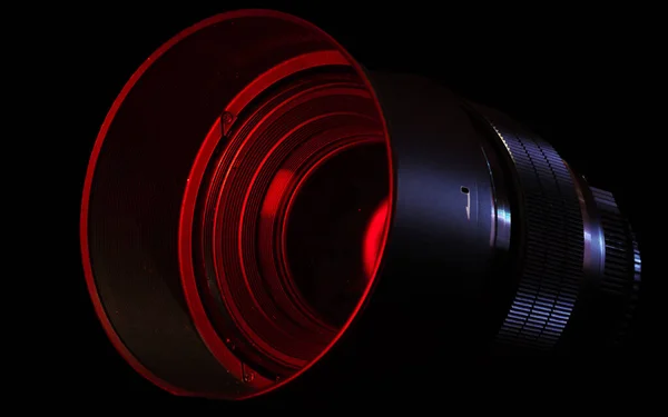 Lente Câmera Com Luz Vermelha Temperada — Fotografia de Stock