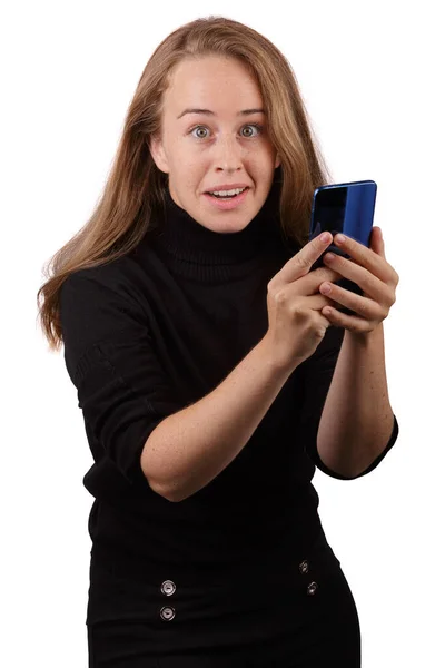 Young Blonde Girl Smiling Mobile Phone Hand Wearing Black Jumper — ストック写真