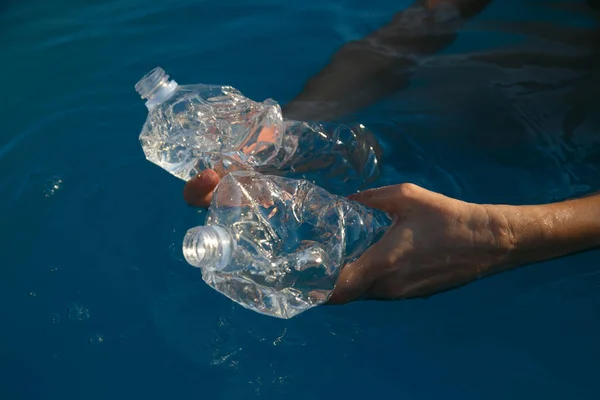 Womans Hands Picking Plastic Bottle Sea Recycling Day Beach Royalty Free Stock Images
