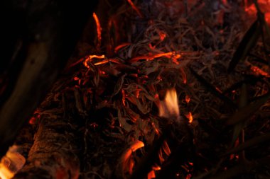 Yanan odunlarda parlayan közlerin yakın çekimi, hoş bir ateşin sıcaklığını ve sıcak atmosferini yakalıyor.