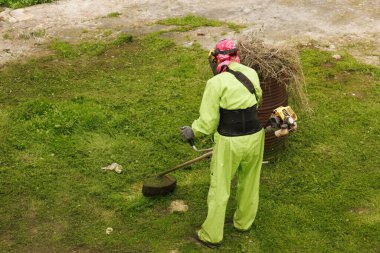 Parlak, koruyucu giysiler giymiş bir bahçıvan özenle yemyeşil çimlerle ilgilenir.