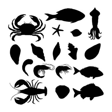 Deniz ürünleri balığı silueti sadeleştirilmiş şekiller karides yengeç vektör ilülasyonu